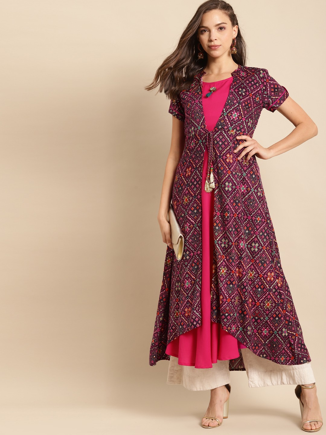 

RANGMAYEE Women Magenta & Green Bandhani Printed Indie Prints Liva Kurta