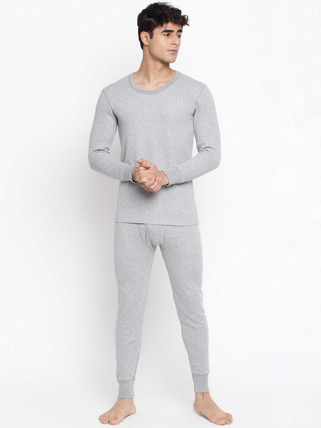 

Almo Wear Men Grey Cotton Striped Thermal Set