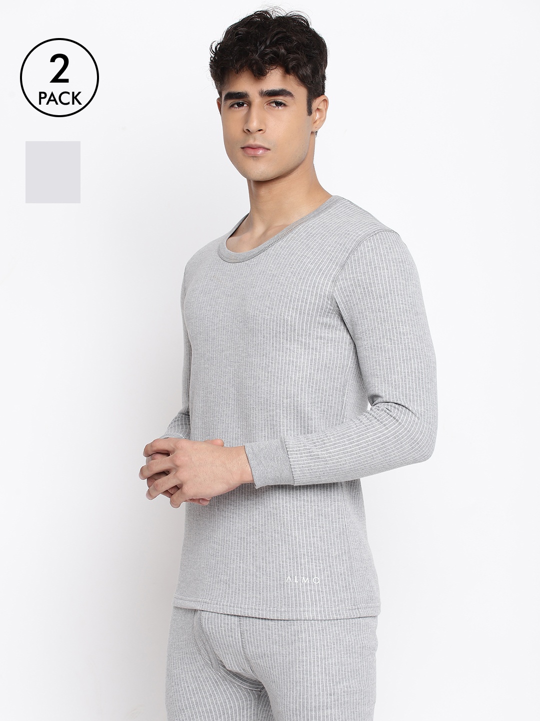 

Almo Wear Men Pack Of 2 Grey Striped Cotton Ultra-Warm Thermal Tops