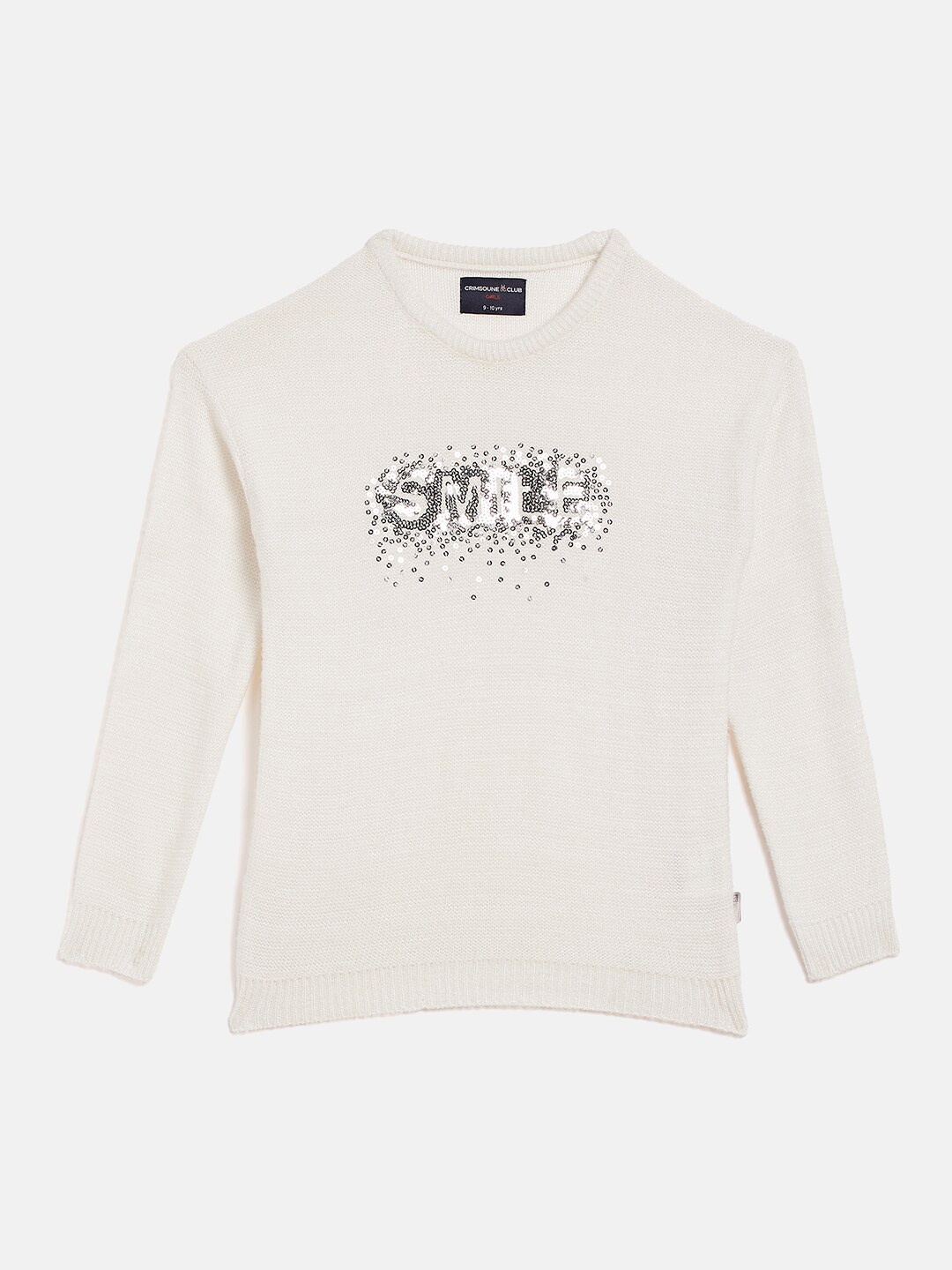 

Crimsoune Club Girls White & Silver-Toned Acrylic Pullover with Embellished Detail