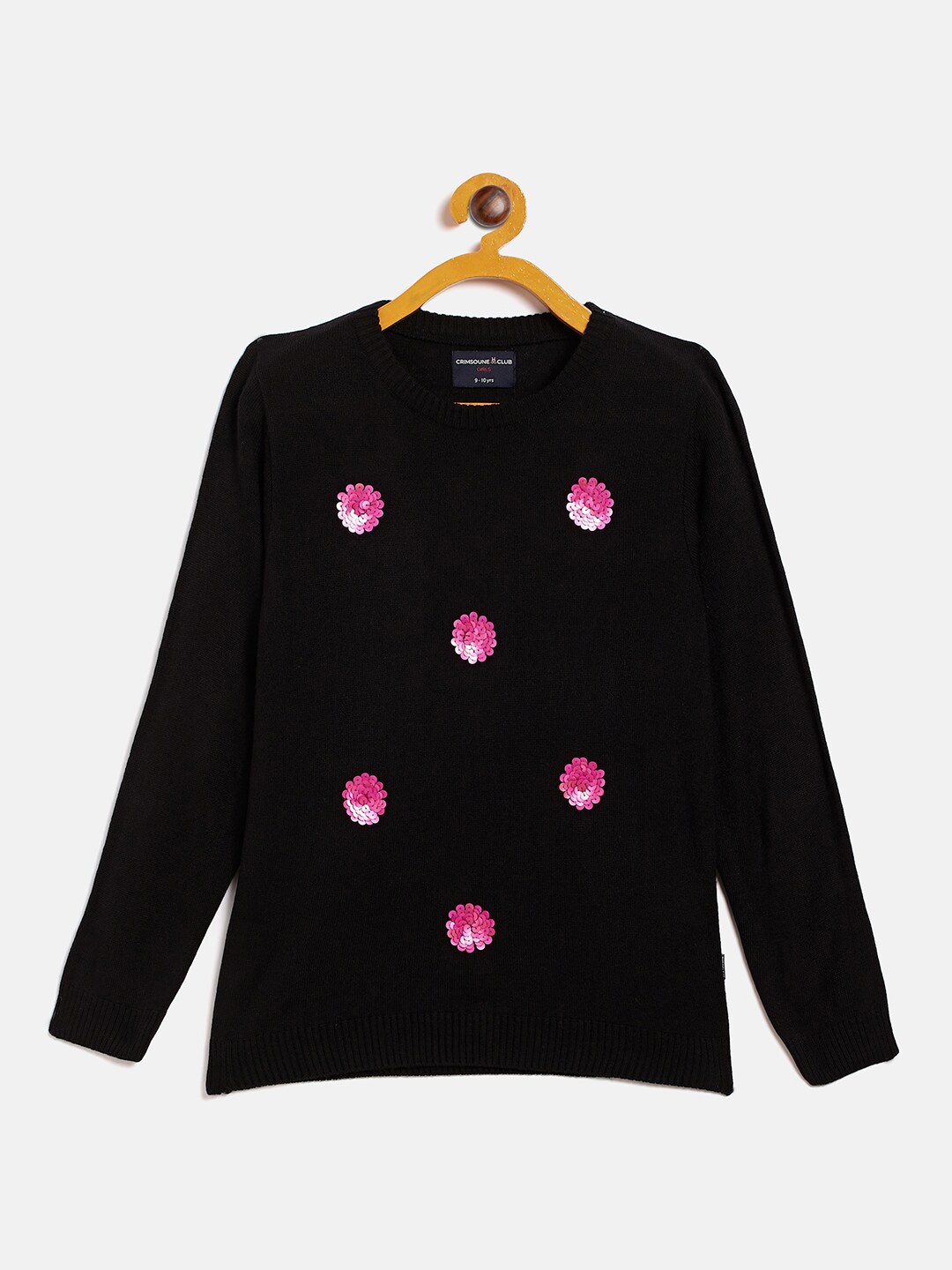 

Crimsoune Club Girls Black & Pink Floral Acrylic Pullover with Embellished Detail