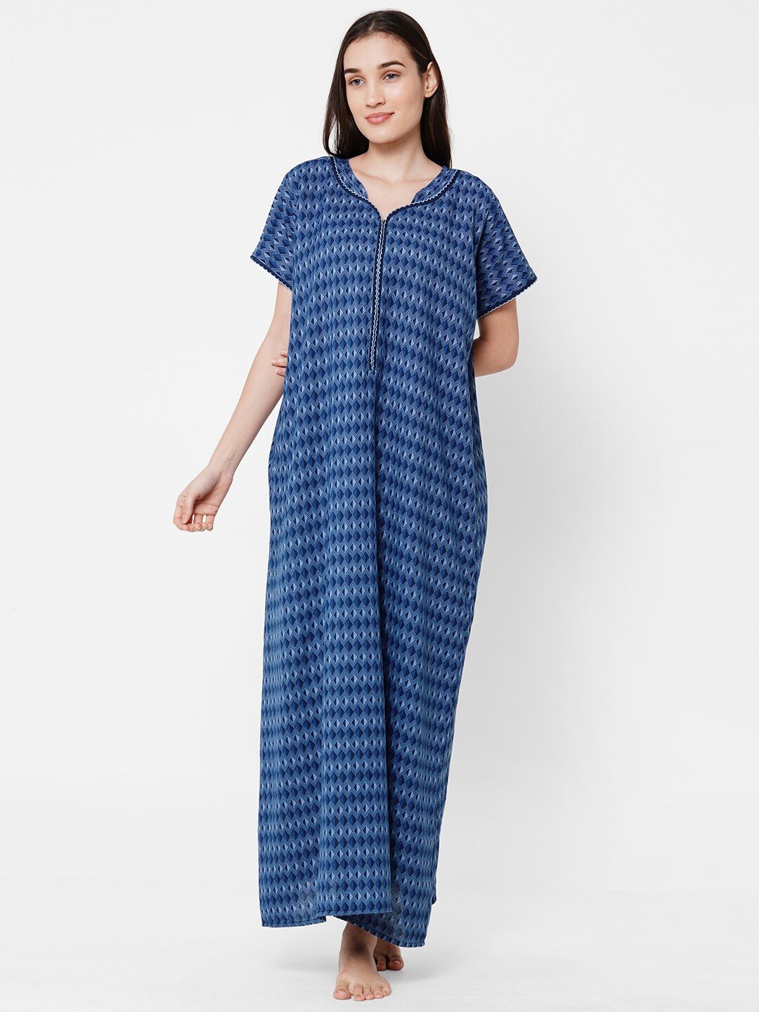 

Sweet Dreams Navy Blue Printed Maxi Nightdress OCW-2177 NAVY