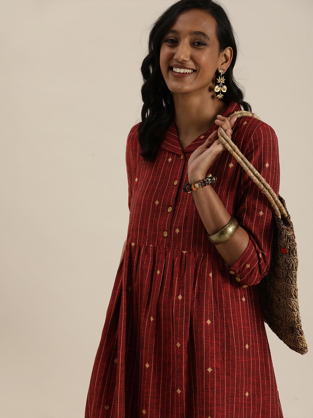 

Taavi Maroon Woven Legacy Sustainable Pure Cotton Dress