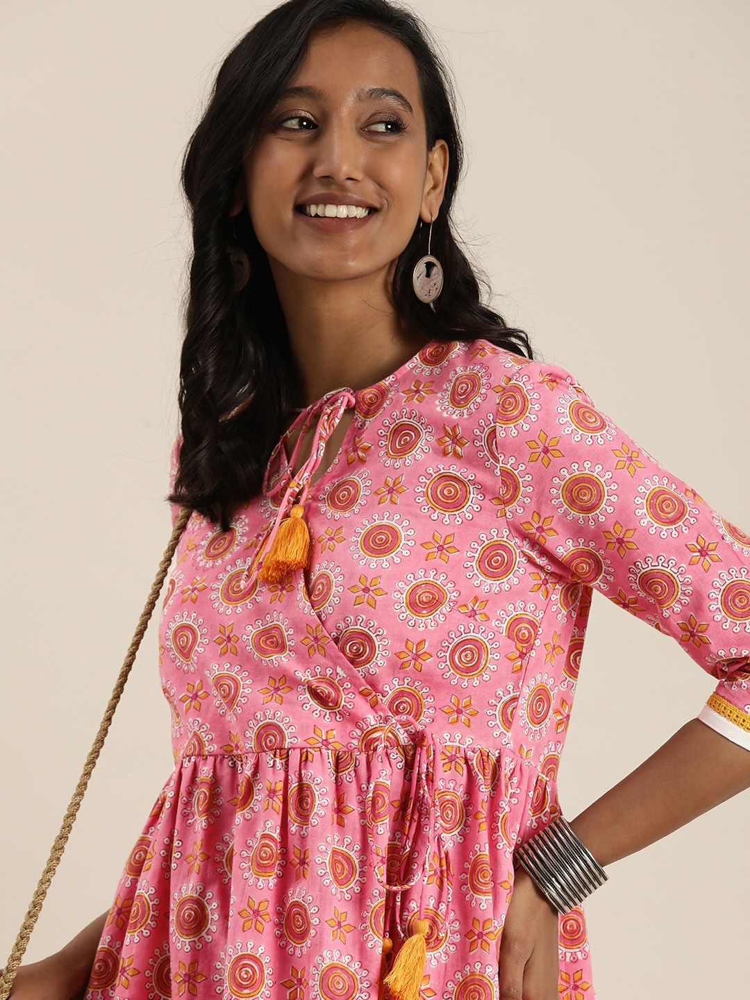 

Taavi Women Pink & Brown Bagru Handblock Print Wrap Dress with Tie-Up