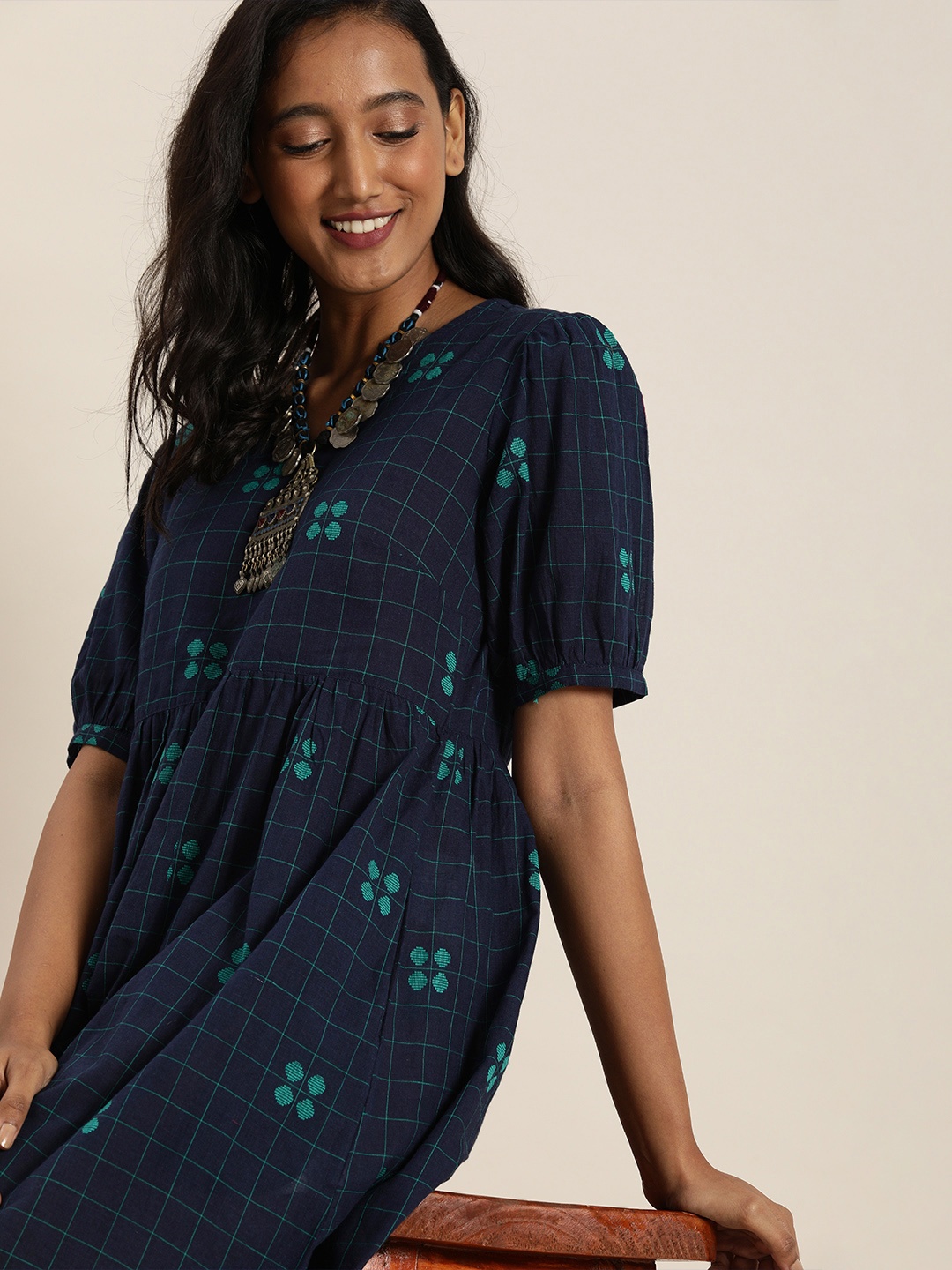 

Taavi Navy Blue Woven Legacy Sustainable Pure Cotton Dress with Pockets
