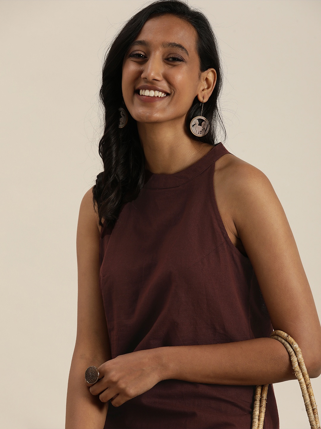 

Taavi Women Maroon & Cream Woven Legacy Dress with Button Closure Detail
