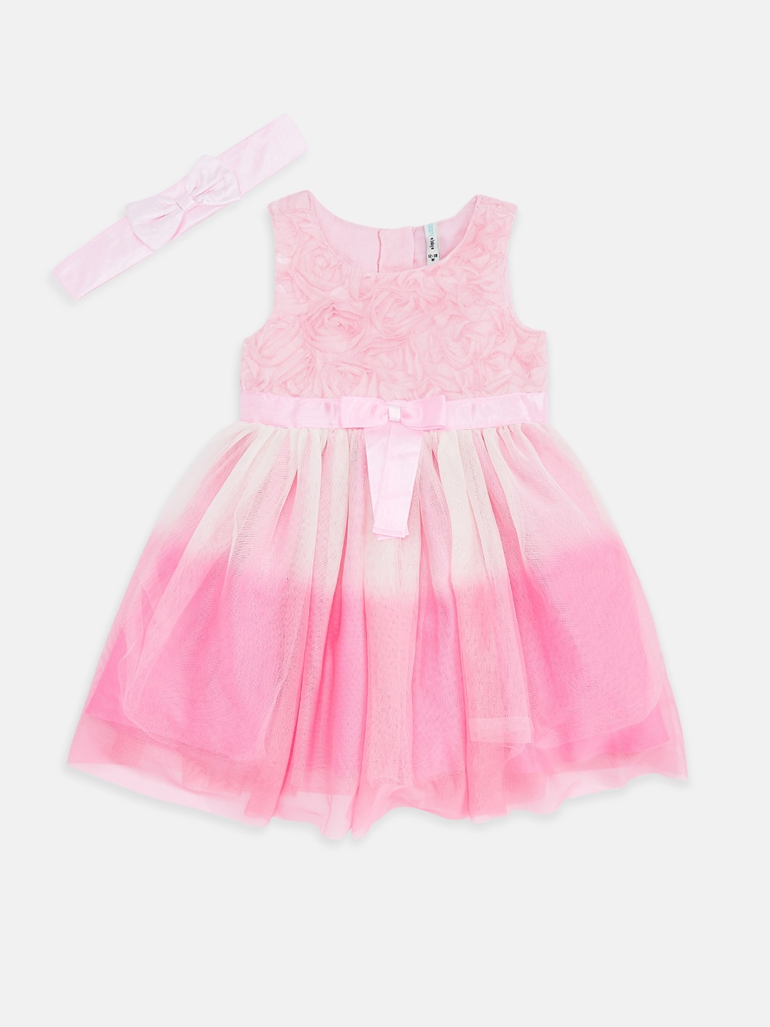 

Pantaloons Baby Pink Floral Embellished Dress With Bow Headband