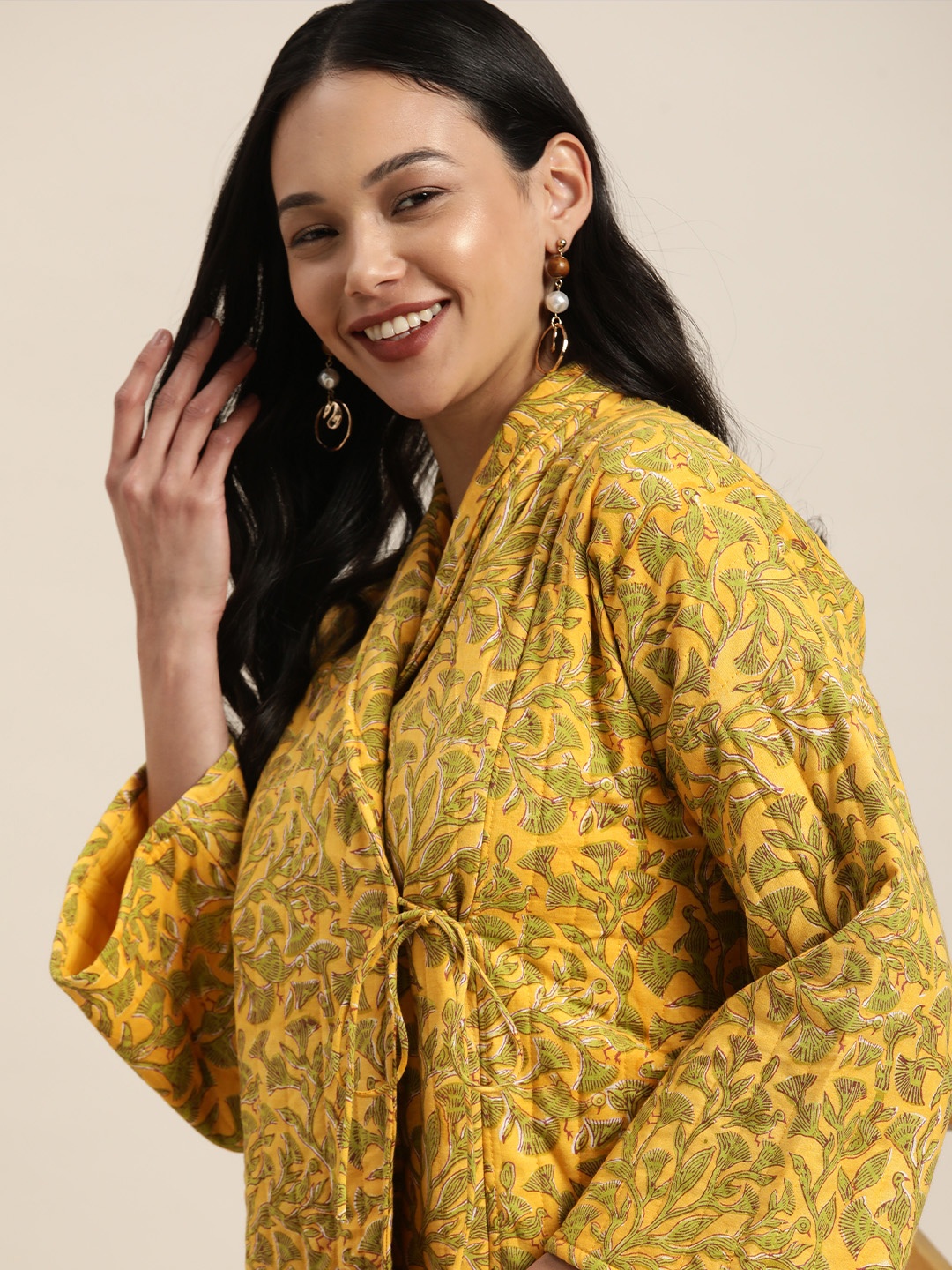 Taavi Women Mustard Yellow Sanganeri Floral Printed Tailored Jacket