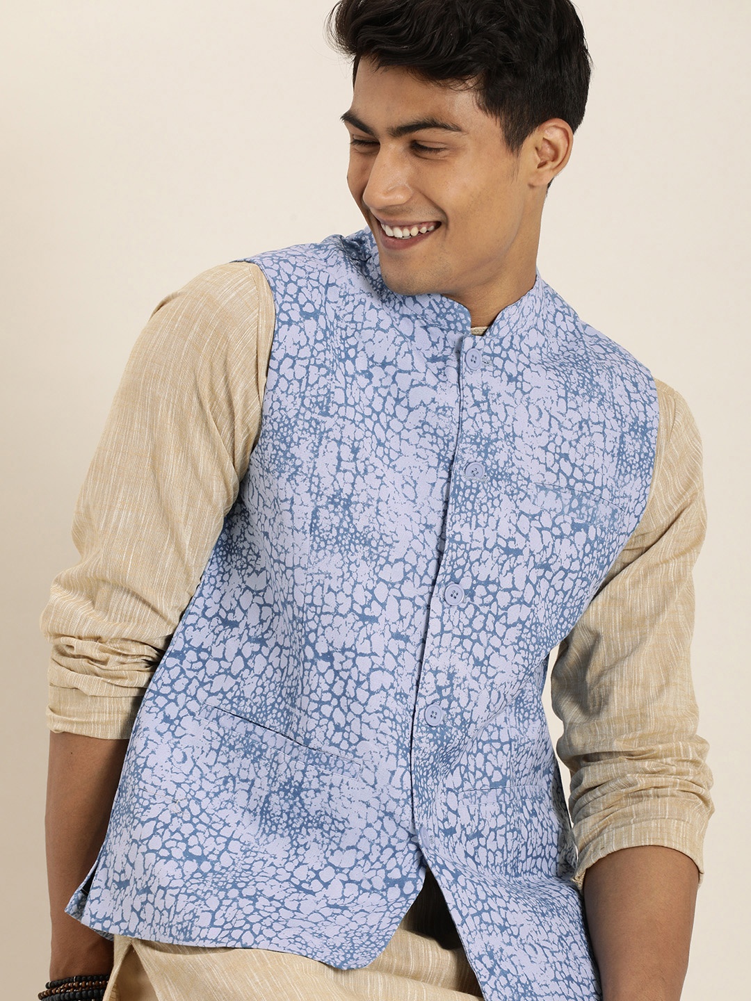 

Taavi Men Blue Indigo Hand Block Print Nehru Jacket