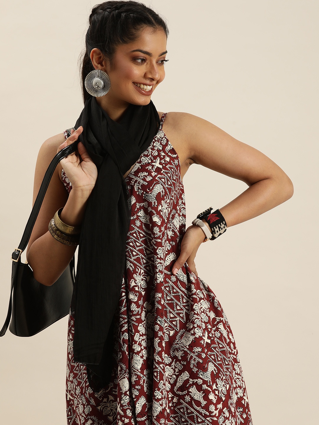 

Taavi Maroon & White Bagru Folk Print Pure Cotton Sustainable Basic Jumpsuit with Tie-Ups