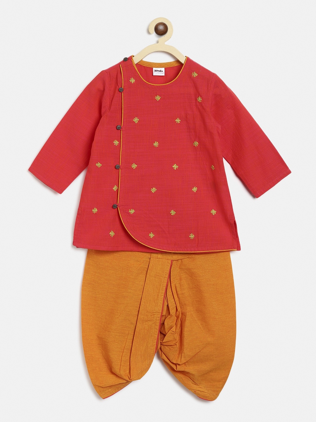 

Fabindia Boys Coral Floral Embroidered Angrakha Pure Cotton Kurta with Dhoti Pants