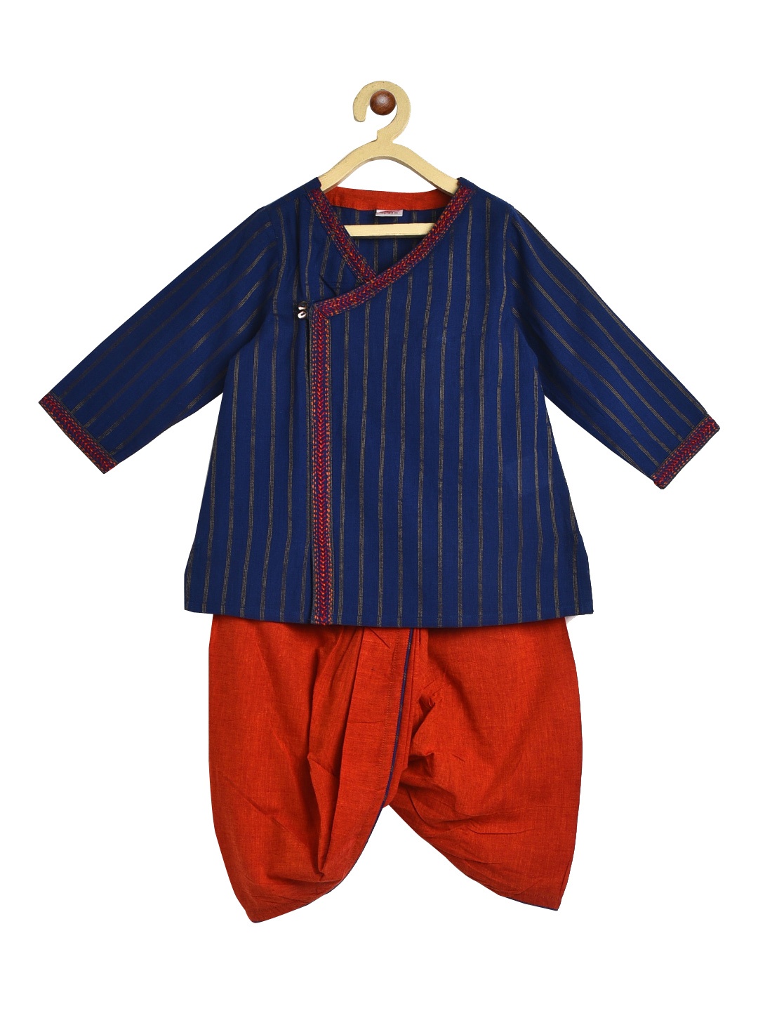 

Fabindia Boys Navy Blue Striped Angrakha Pure Cotton Kurta with Dhoti Pants