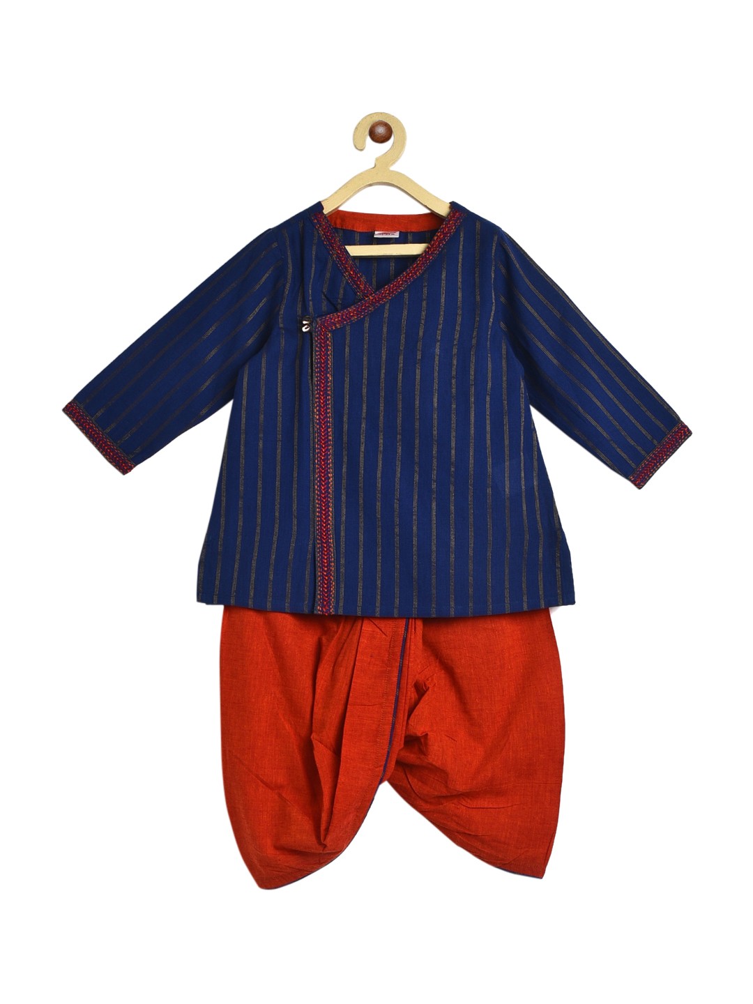 

Fabindia Boys Navy Blue Striped Angrakha Pure Cotton Kurta with Dhoti Pants