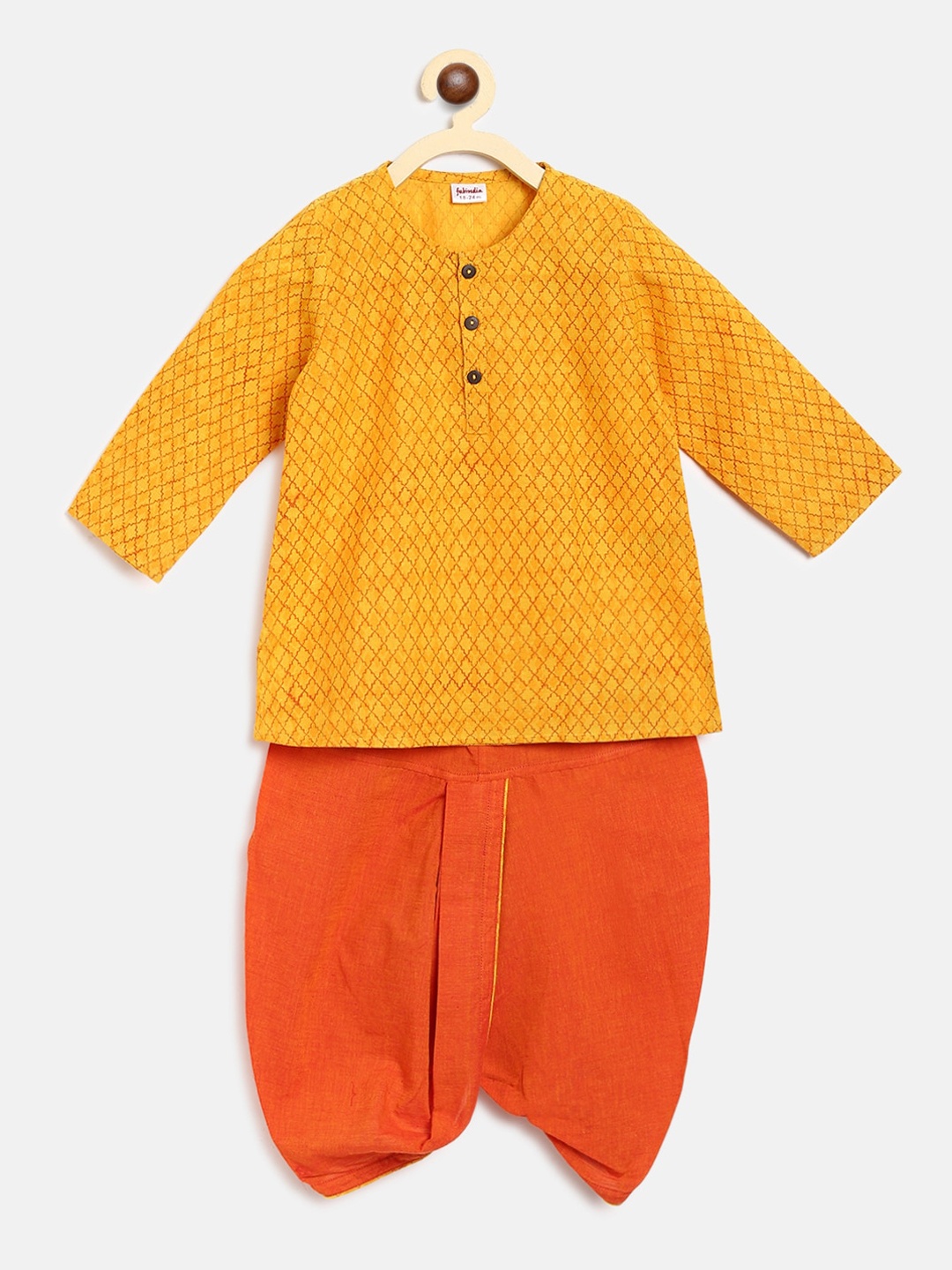 

Fabindia Boys Yellow Ethnic Motifs Printed Regular Pure Cotton Kurta with Dhoti Pants