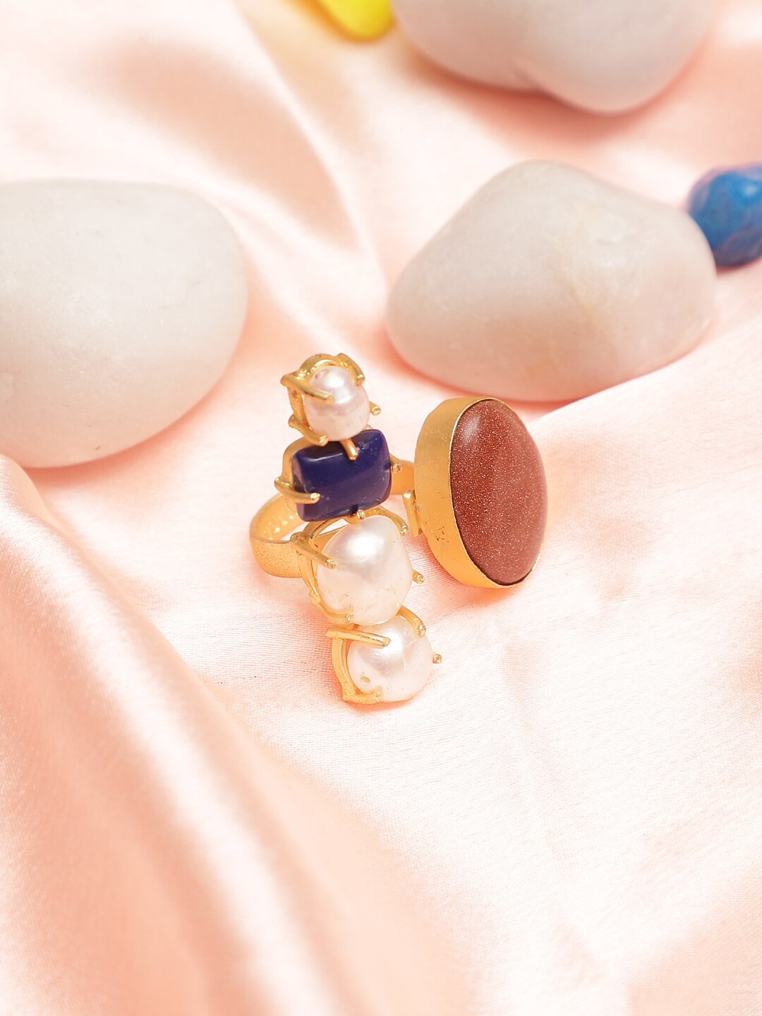 

XAGO Gold-Plated & Blue Lapis Lazuli & Pearl-Studded Adjustable Finger Ring