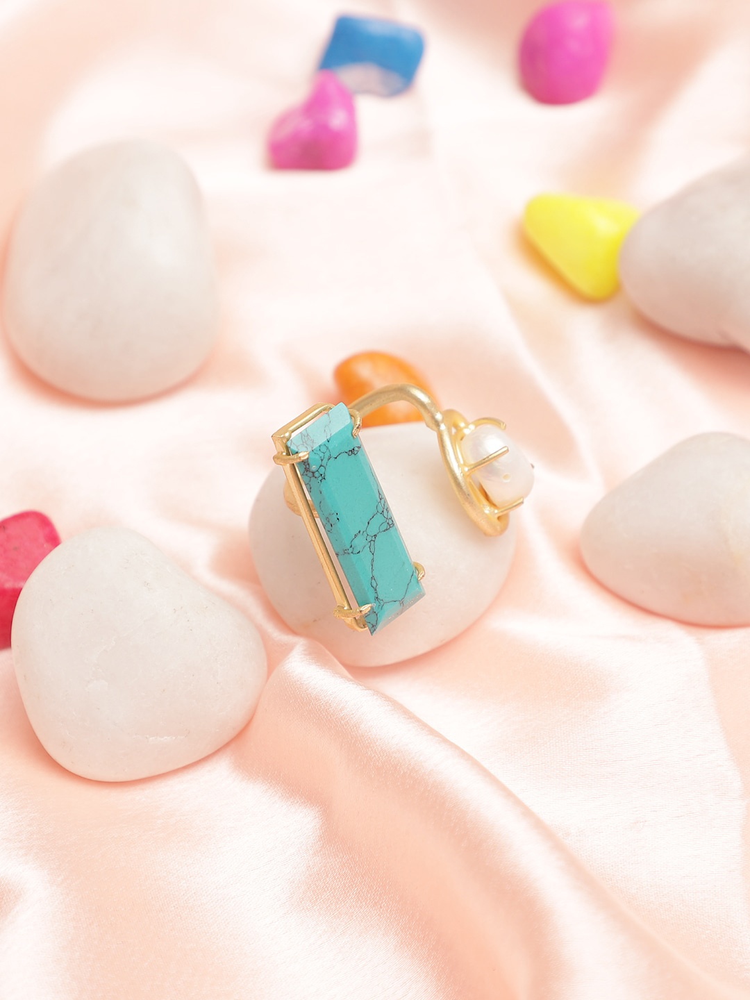 

XAGO Gold-Toned & Turquoise Blue Stone-Studded Adjustable Finger Ring