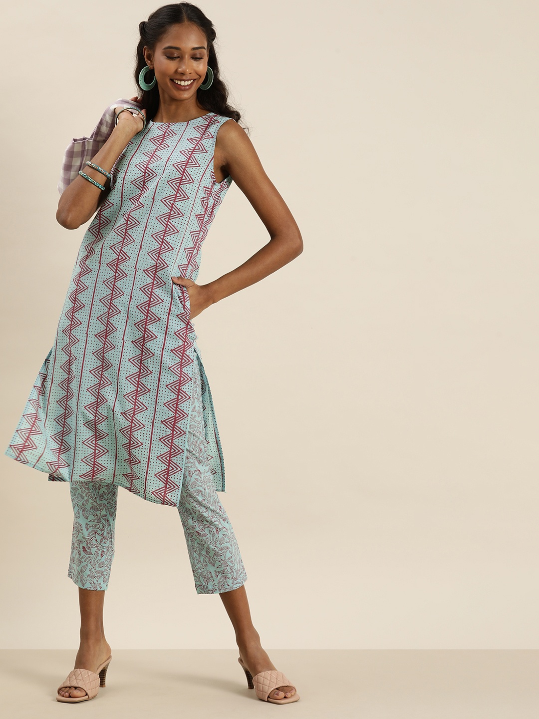 

Taavi Women Blue Bagru Folk Hand Block Print Pure Cotton Kurta with Trousers
