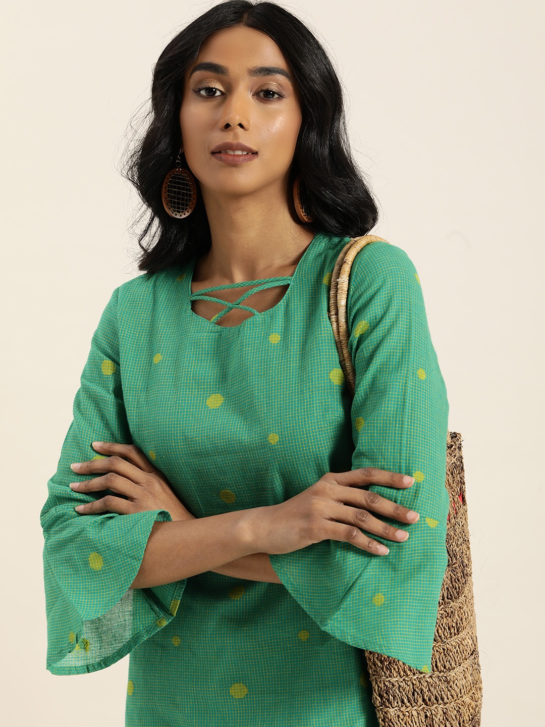 

Taavi Women Green Checked Woven Legacy Bell Sleeves Pure Cotton Straight Kurta