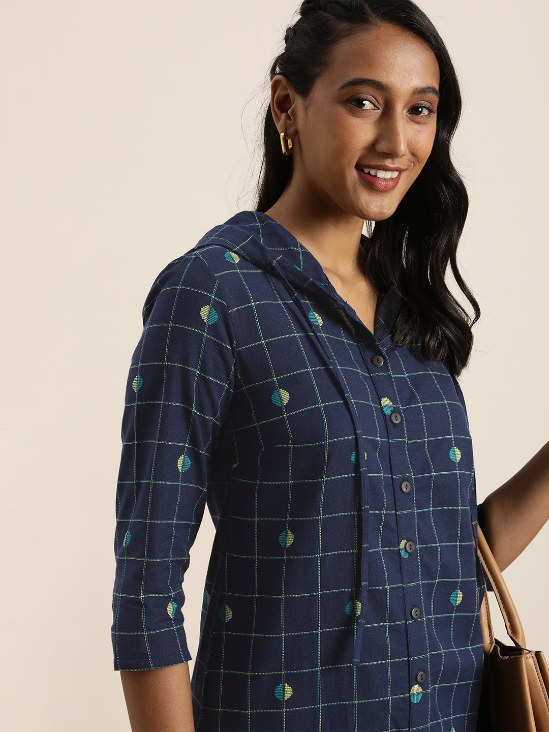 

Taavi Women Navy Blue Checked Woven Legacy Kurta with Hood Detail