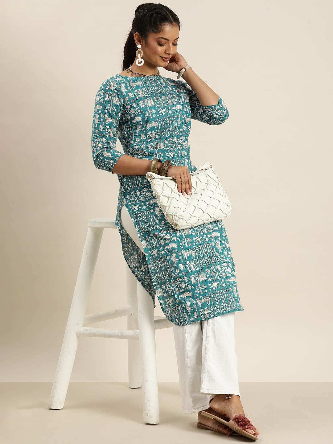 

Taavi Women Blue & White Bagru Print Pure Cotton A-Line Kurta