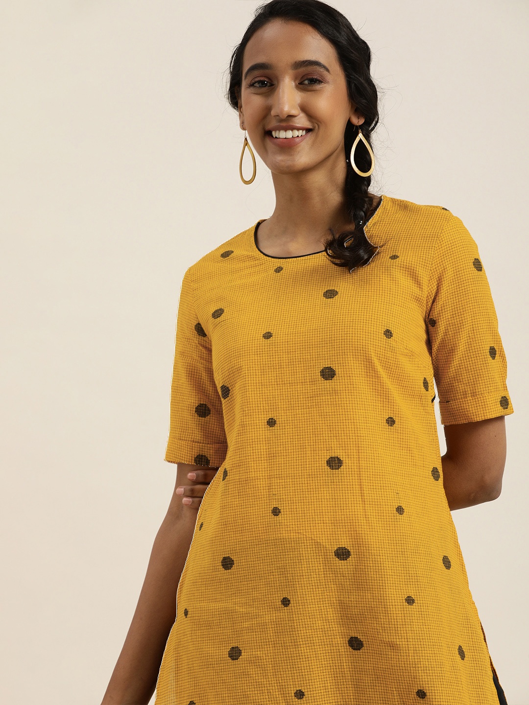 

Taavi Women Yellow & Black Checked Woven Legacy Sustainable Kurtas with Styled Back
