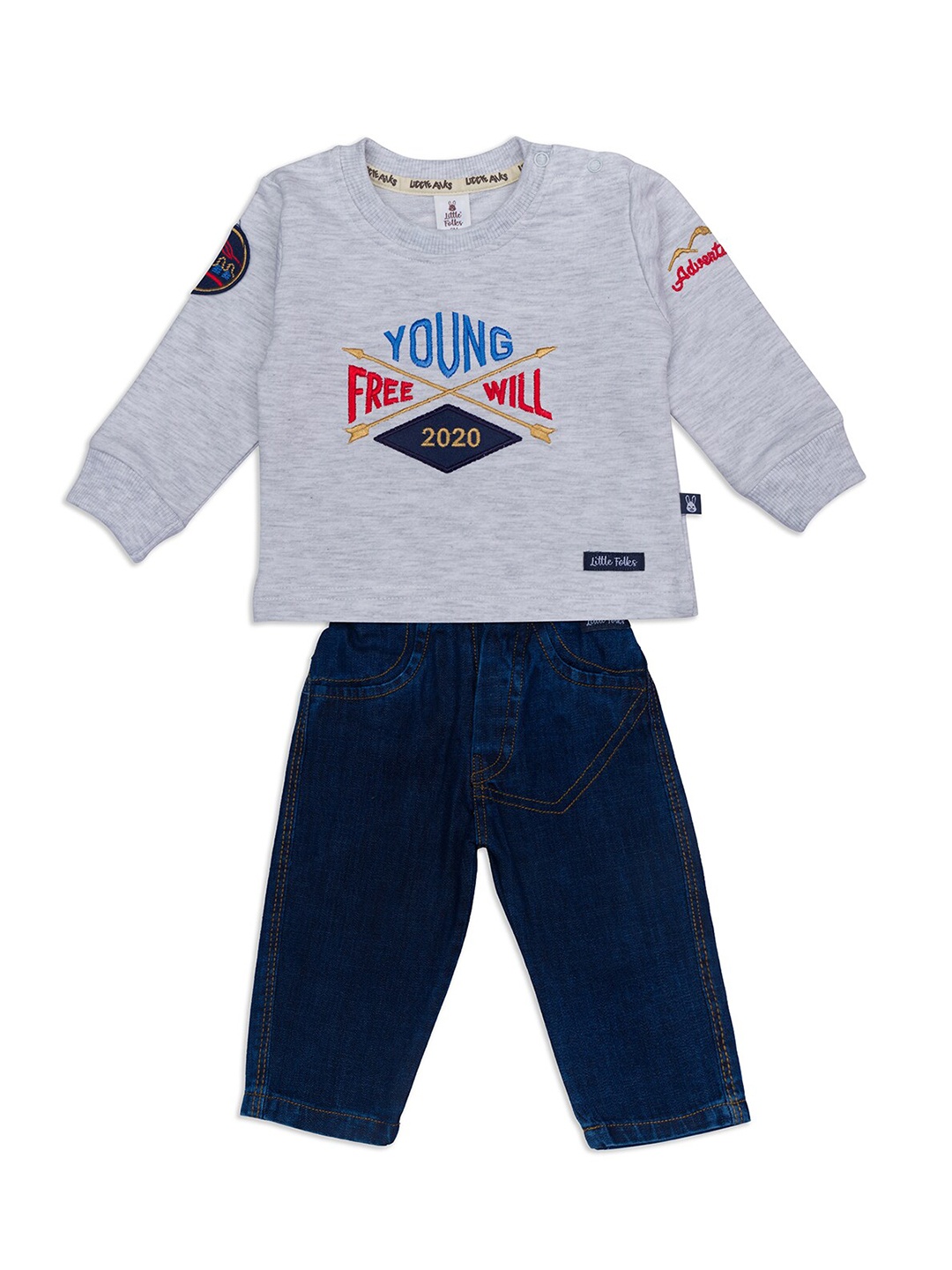 

Little Folks Unisex Kids Grey & Navy Blue Printed Pure Cotton T-shirt with Trousers