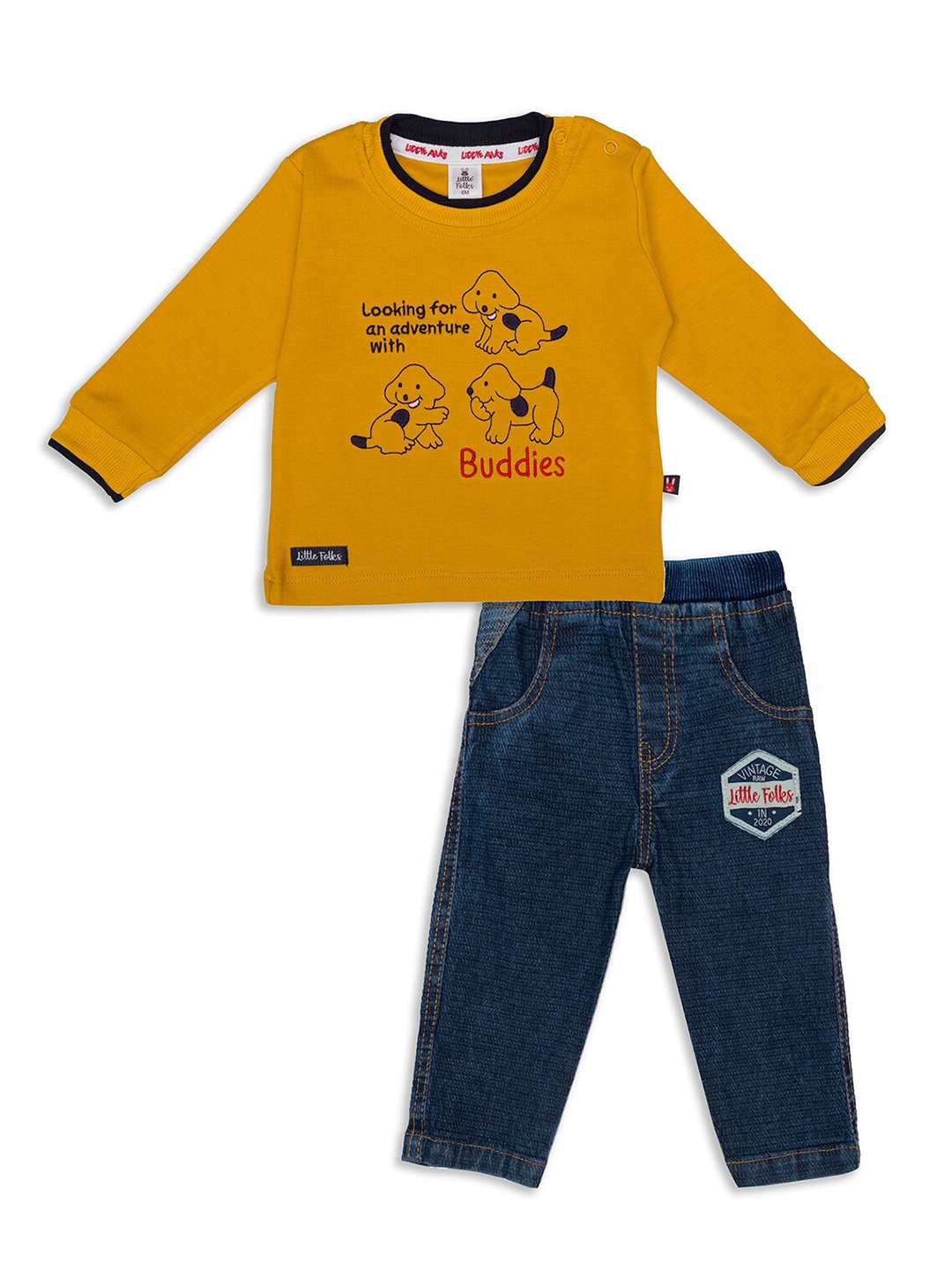 

Little Folks Unisex Kids Yellow & Blue Printed Pure Cotton T-shirt with Trousers