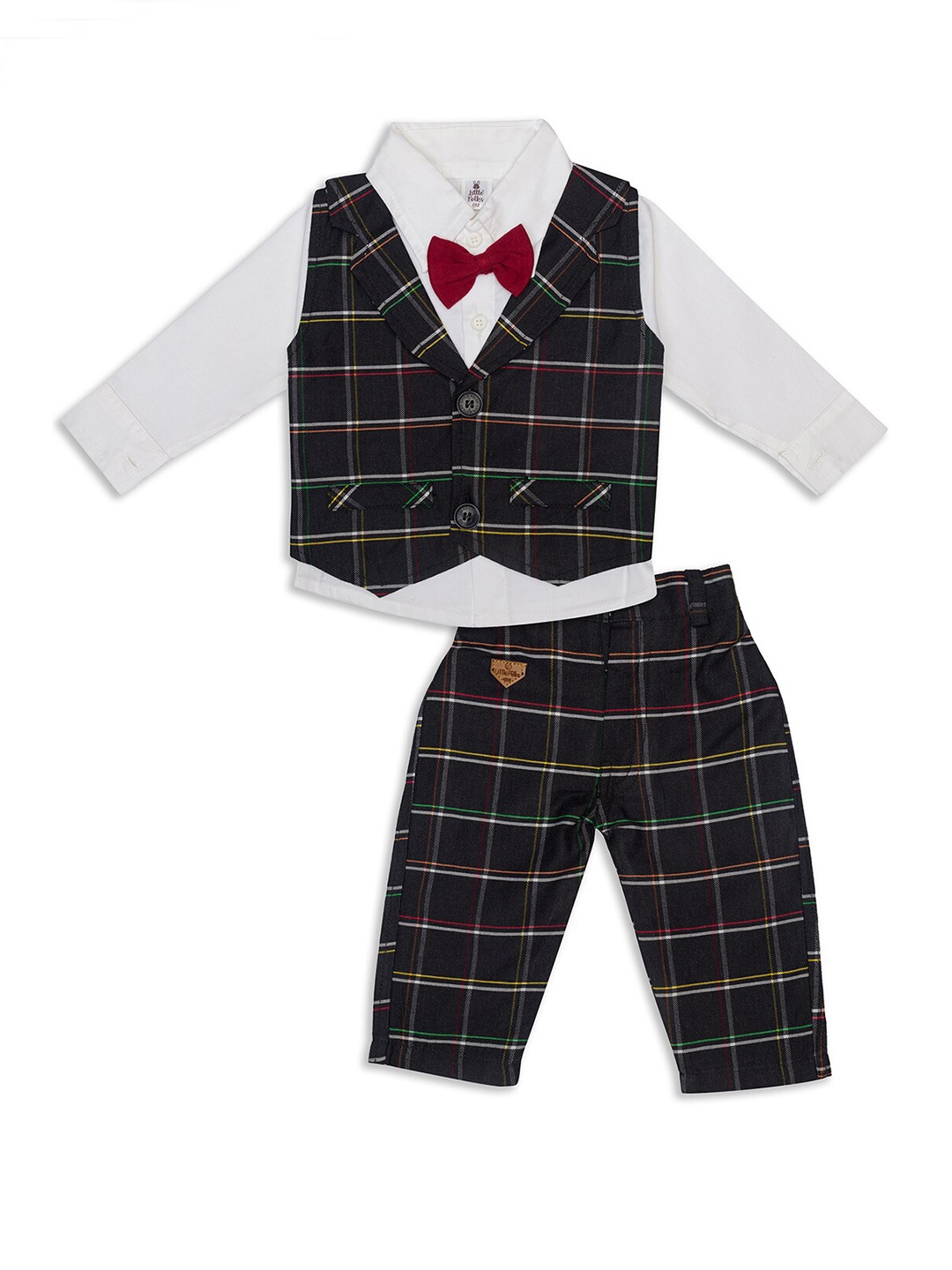 

Little Folks Unisex Kids White & Black Pure Cotton Shirt with Trousers & Waistcoat