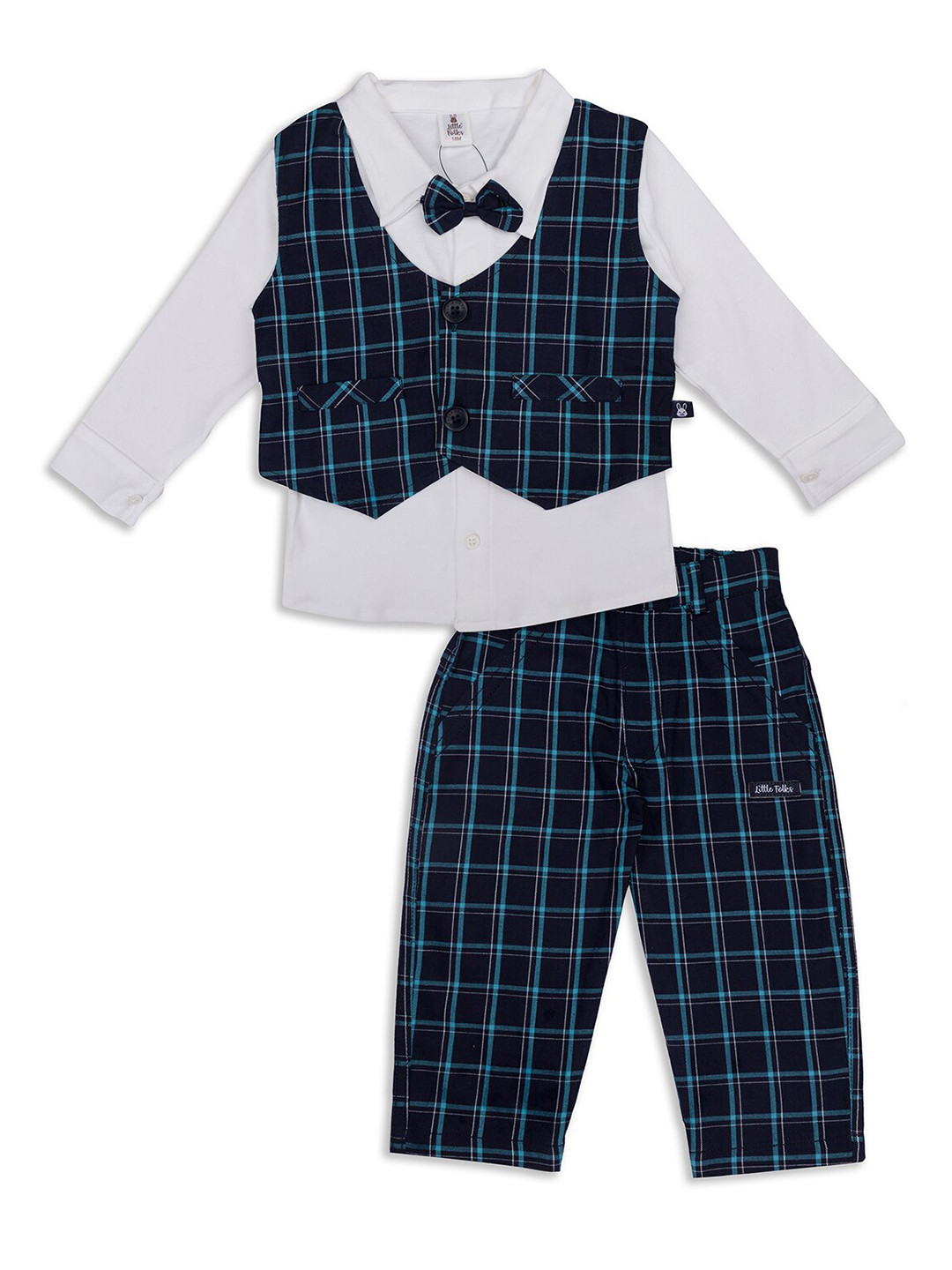 

Little Folks Unisex Kids White & Navy Blue Pure Cotton Shirt with Trousers & Waistcoat