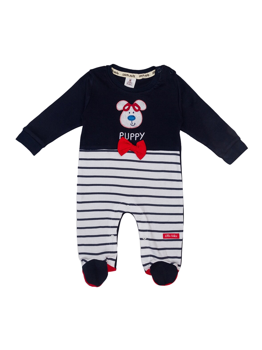 

Little Folks Kids Blue & White Striped Pure Cotton Rompers With Applique