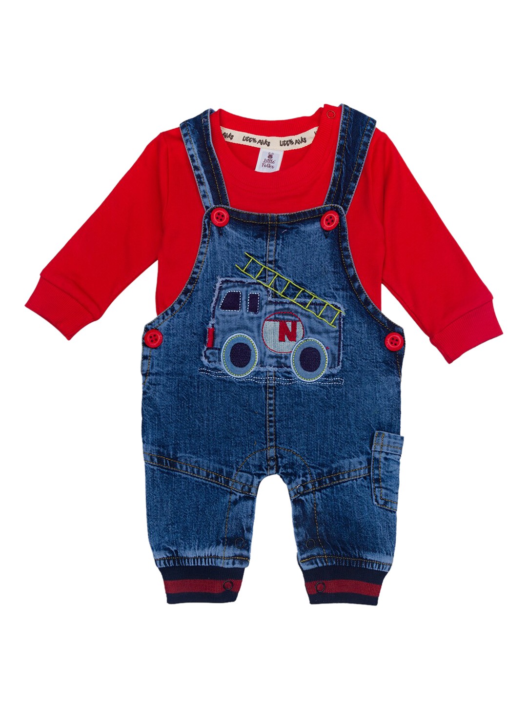 

Little Folks Infant Boys Blue & Red Graphic Printed Cotton Dungarees With T-Shirt