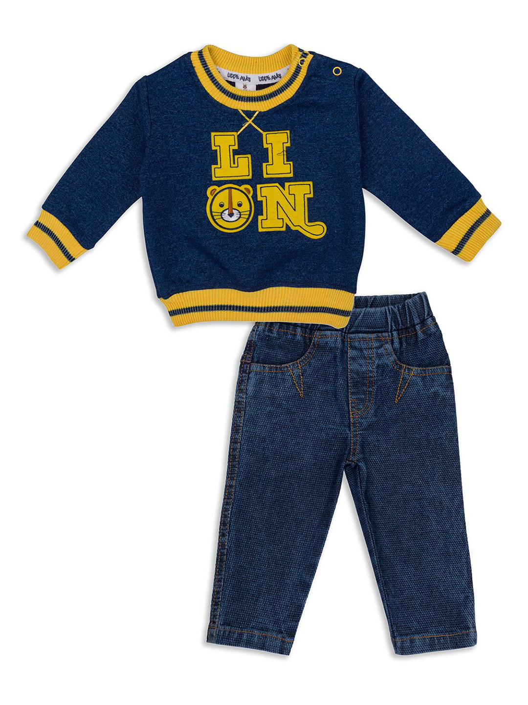 

Little Folks Unisex Kids Navy Blue & Yellow Printed Pure Cotton T-shirt with Trousers