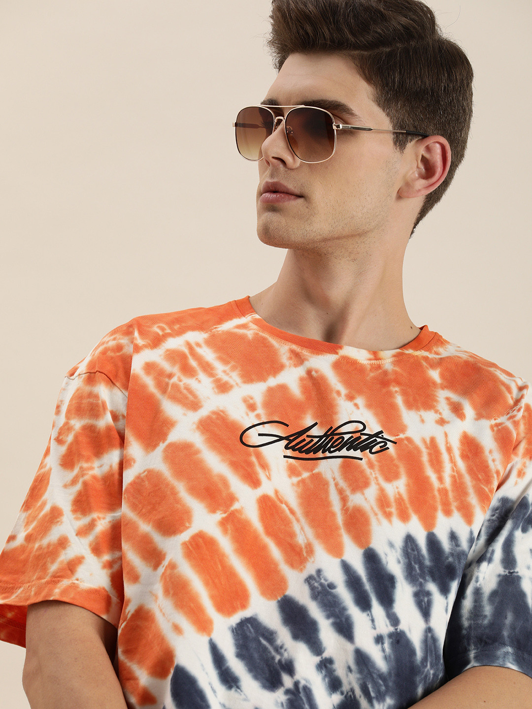 

DILLINGER Men Orange White Loose Fit Tie and Dye Pure Cotton T-shirt