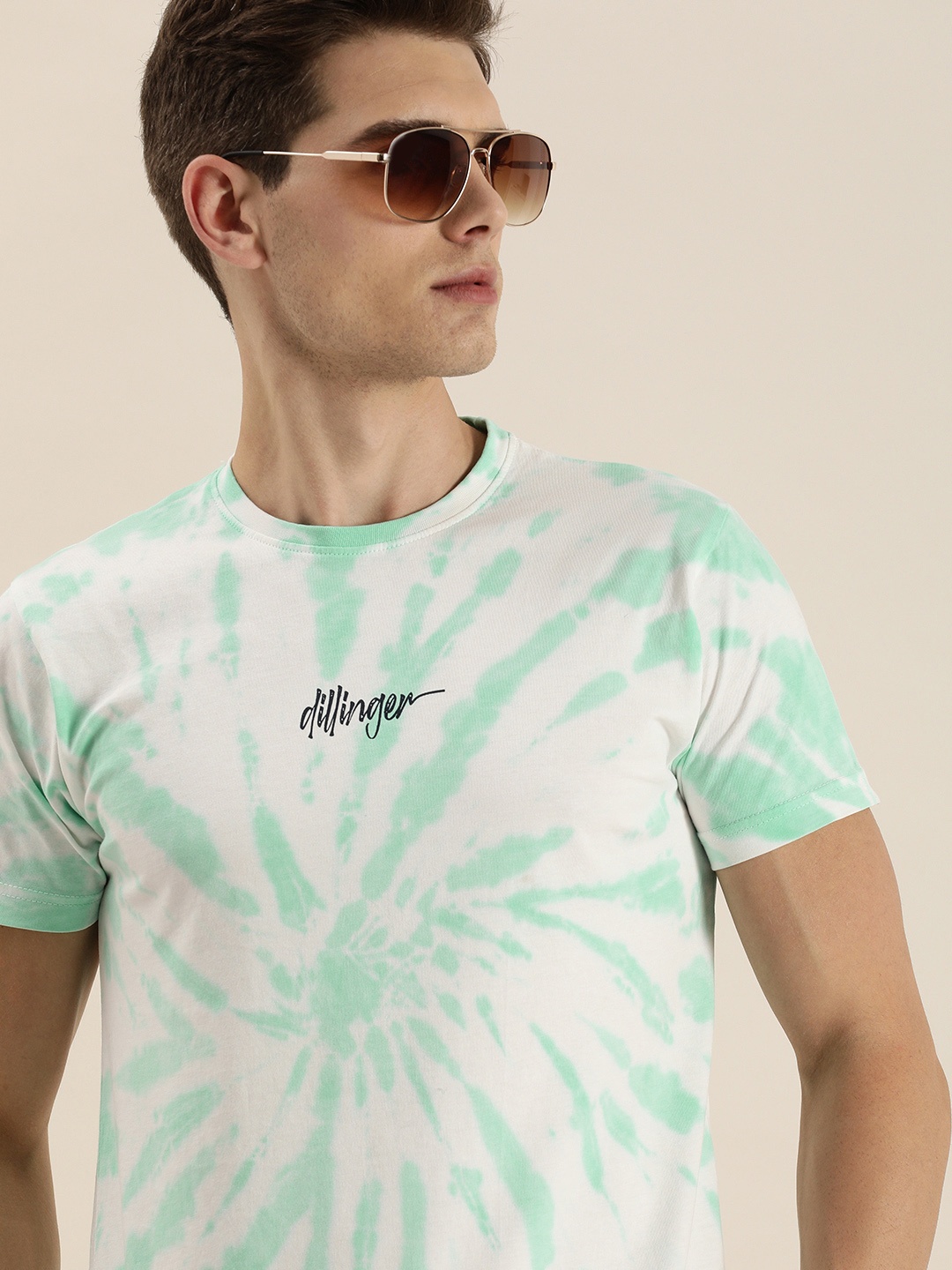 

DILLINGER Men Green White Tie and Dye Pure Cotton T-shirt