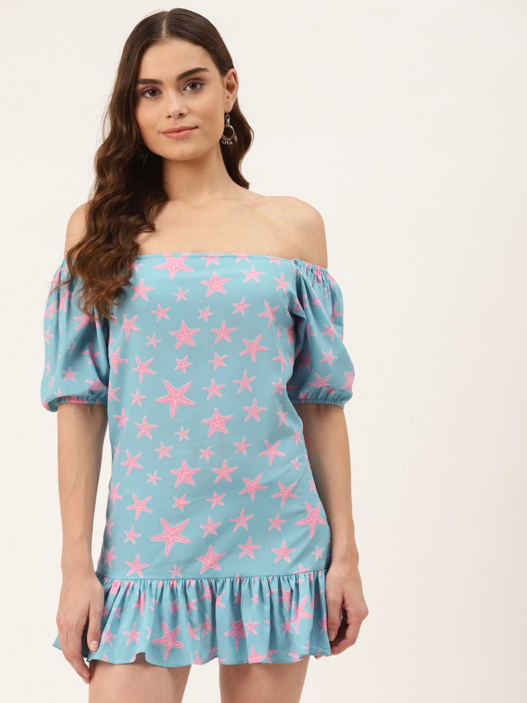 

KHUMAAR Shuchi Bhutani Blue & Pink Off-Shoulder Crepe Blouson Mini Dress