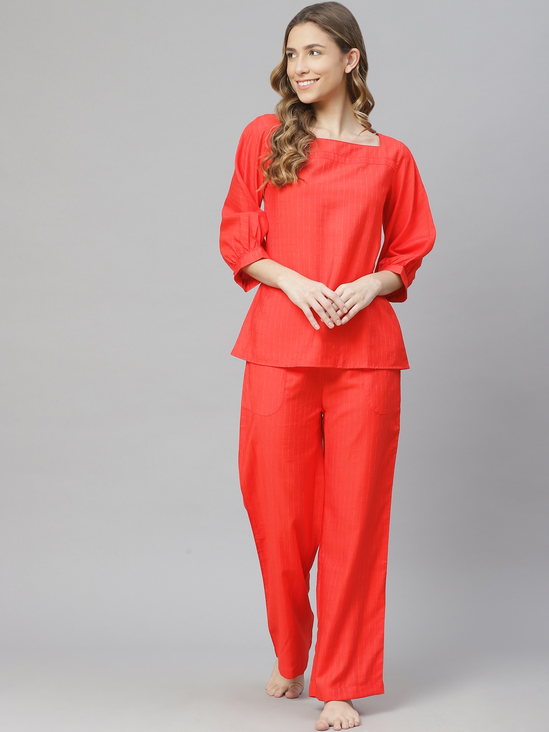 

Cottinfab Women Red Striped Night suit