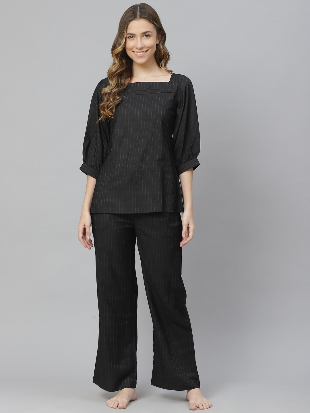 

Cottinfab Women Black & Grey Striped Night suit