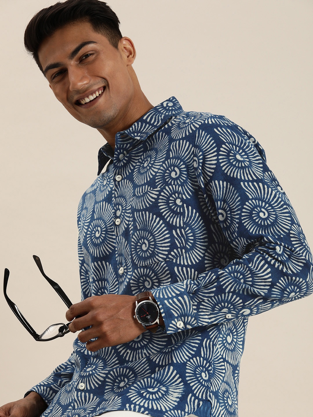 

Taavi Men Blue And White Indigo Hand Block Printed Casual Shirt With Chest Pocket