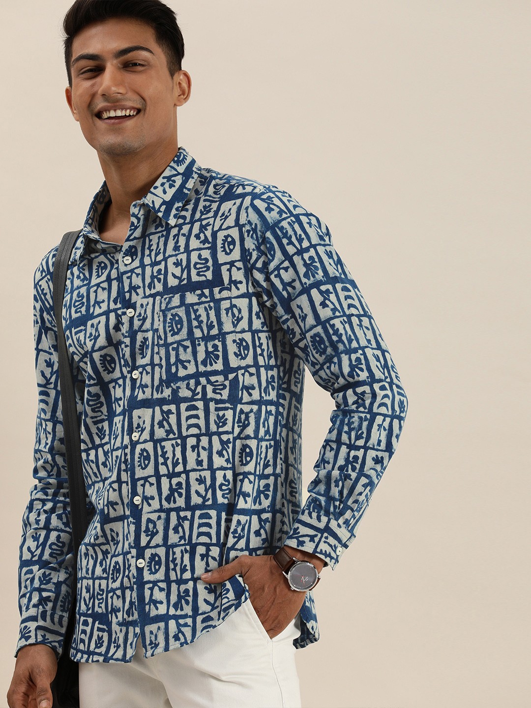 

Taavi Men Blue And White Indigo Hand Block Printed Casual Shirt With Chest Pocket