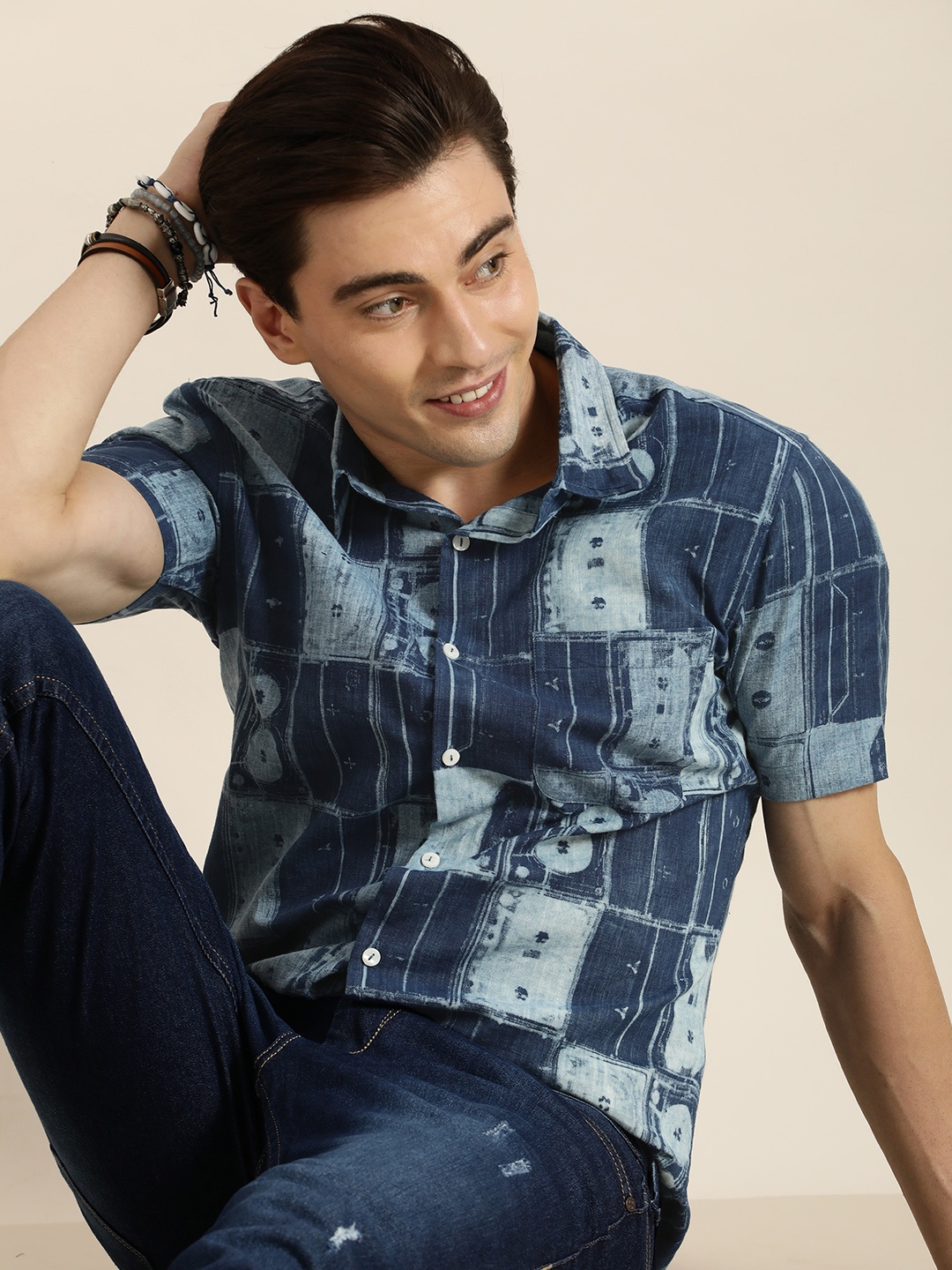 

Taavi Men Blue Cyanotype Indigo Handblock Printed Shirt with Short Sleeves
