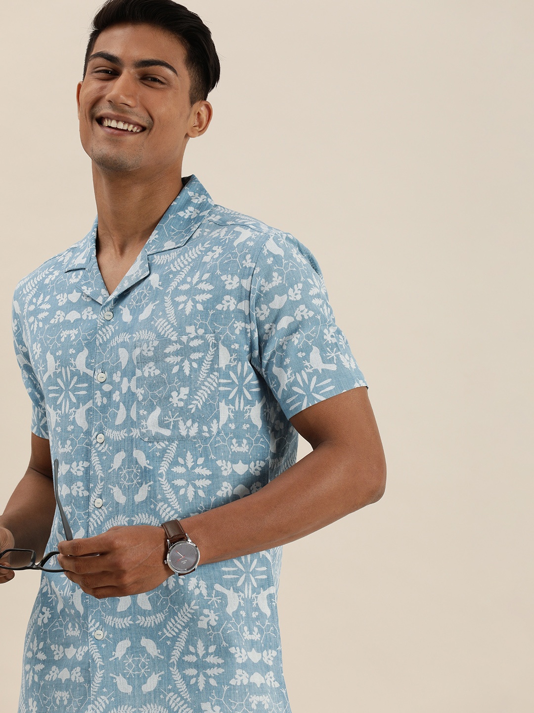 

Taavi Men Blue And White Indigo Hand Block Printed Casual Shirt With Chest Pocket