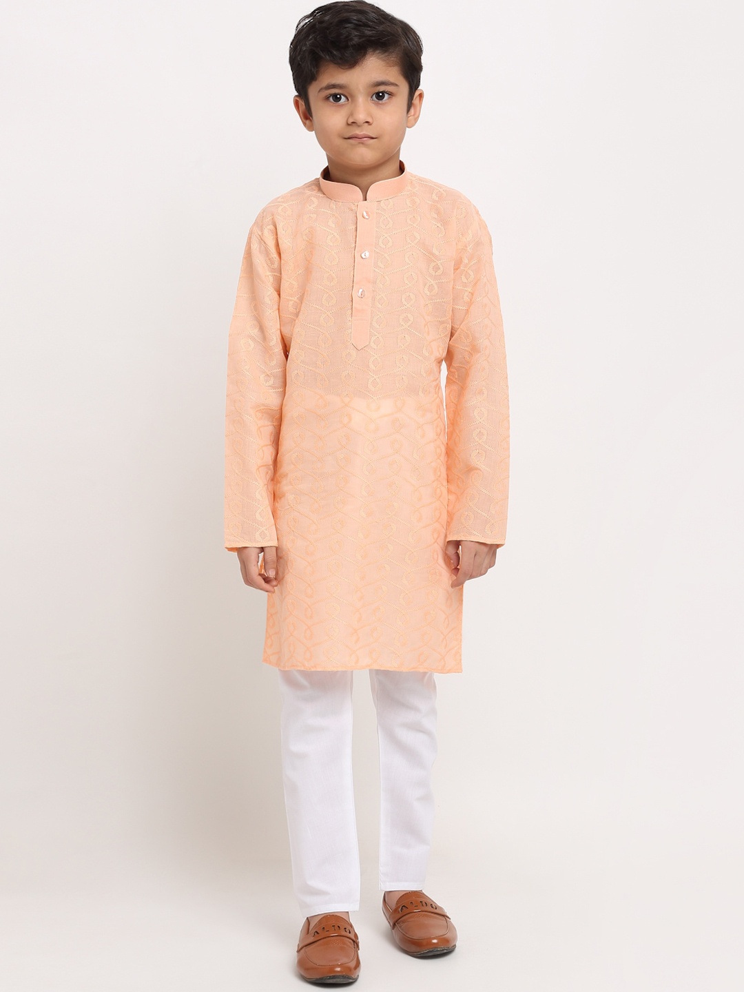 

KRAFT INDIA Boys Peach-Coloured Embroidered Regular Pure Cotton Kurta with Pyjamas