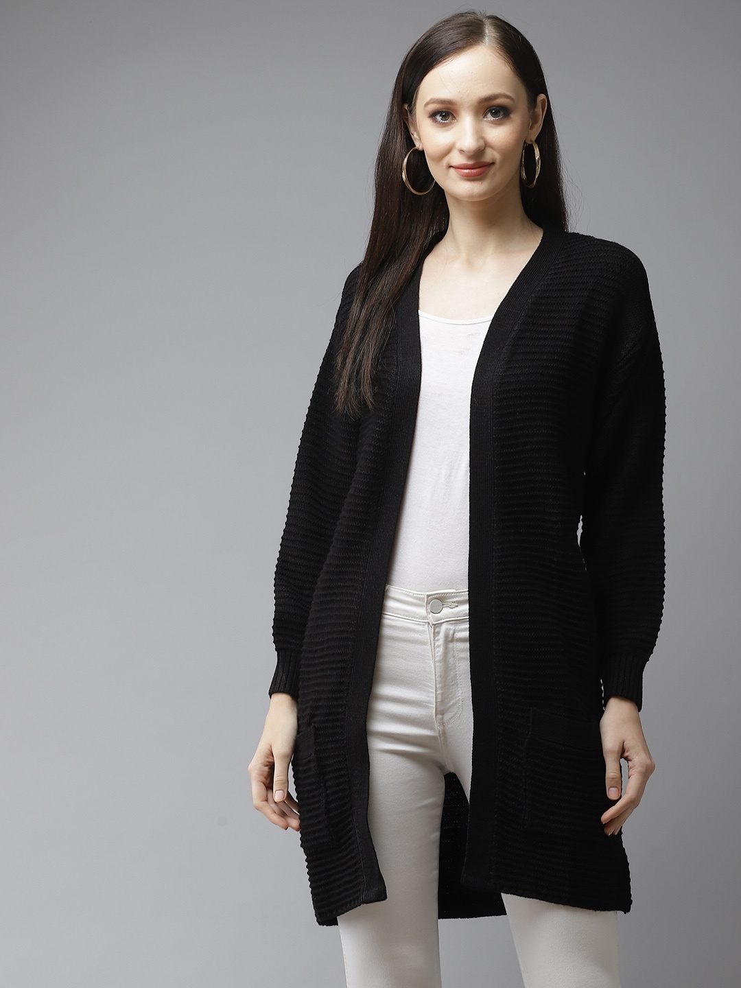 

Cayman Women Black Self Design Longline Shrug