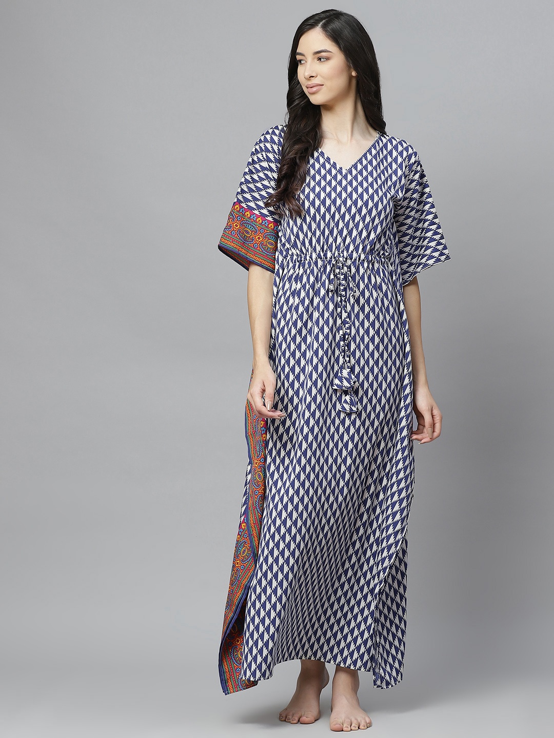 

Cottinfab White & Blue Printed Maxi Kaftan Nightdress