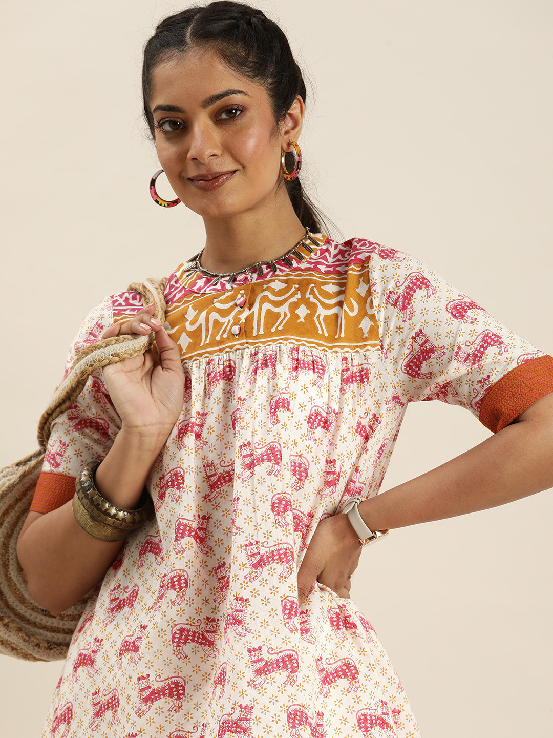 

Taavi White & Pink Bagru Folk Print Pure Cotton Sustainable A-Line Top