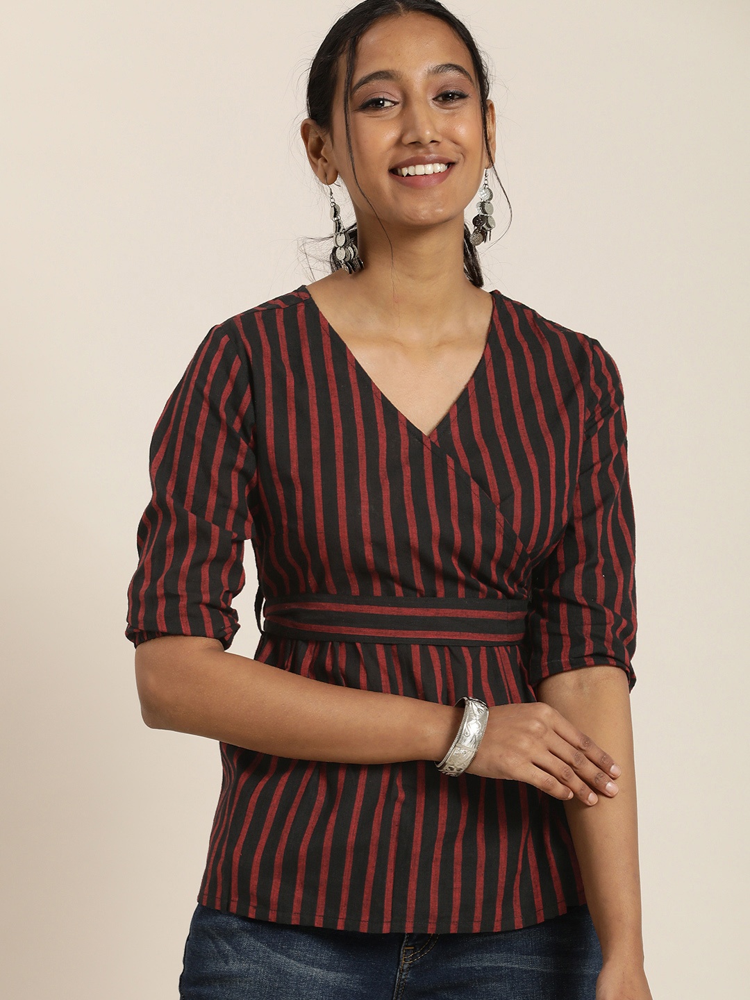 

Taavi Black & Red Woven Legacy Striped Sustainable Pure Cotton A-Line Top with Belt