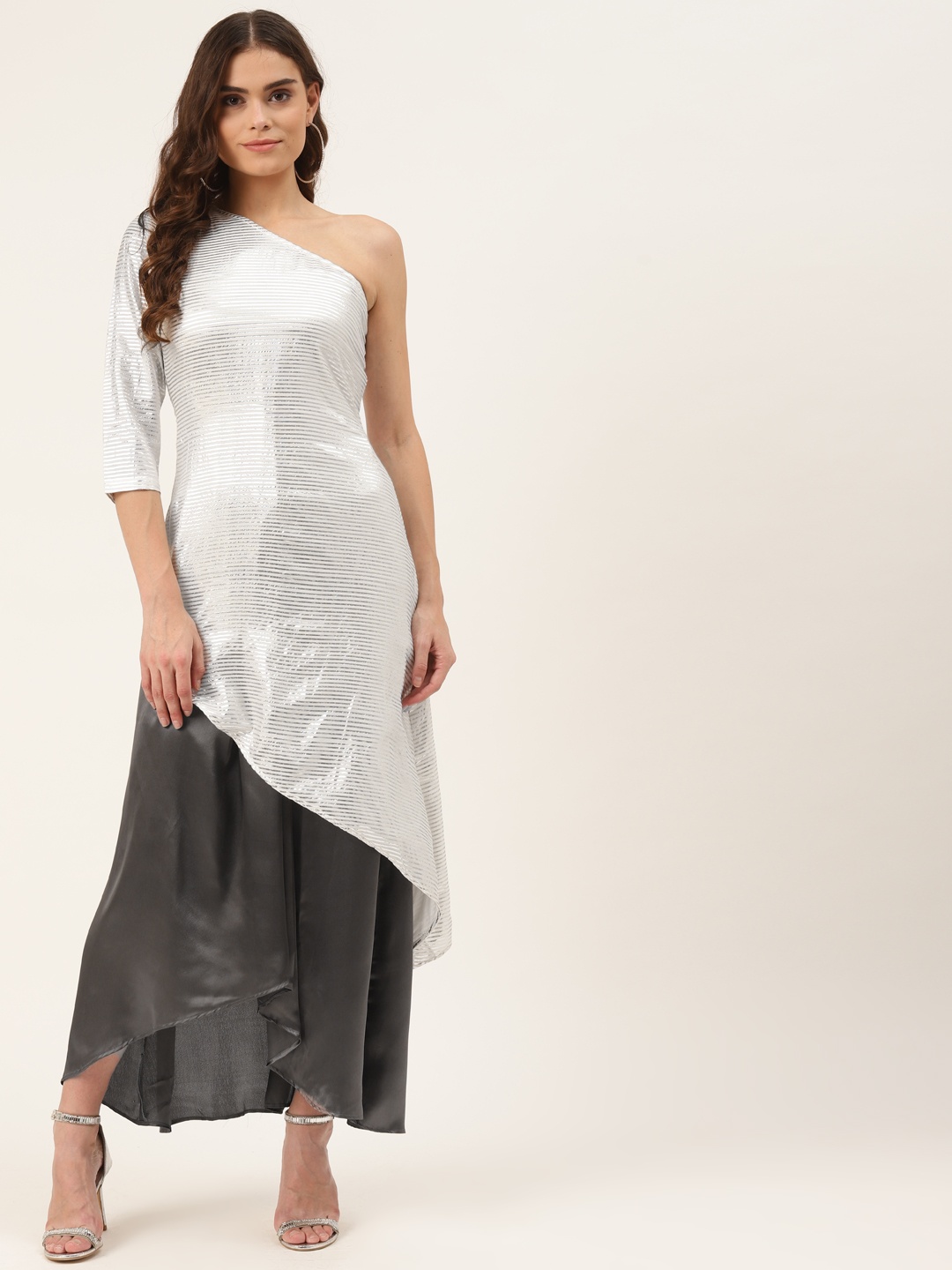 

KHUMAAR Shuchi Bhutani Women White Striped Regular Pure Cotton Kurta with Skirt