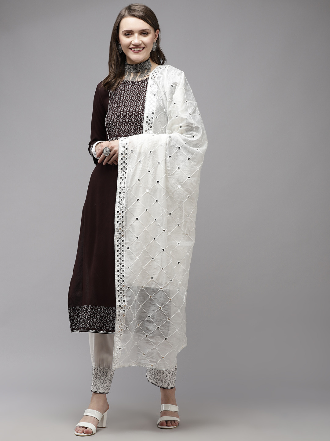 

Yufta Women Brown Yoke Design Regular Sequinned Kurta with Palazzos & With Dupatta