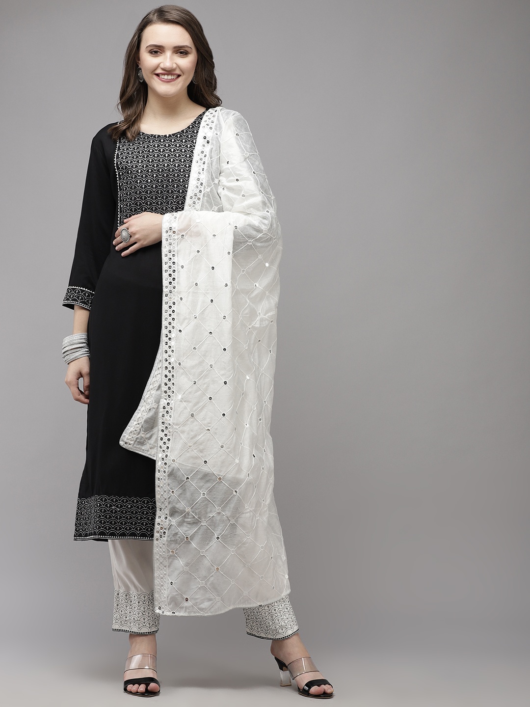 

Yufta Women Black Yoke Design Regular Sequinned Kurta with Palazzos & With Dupatta