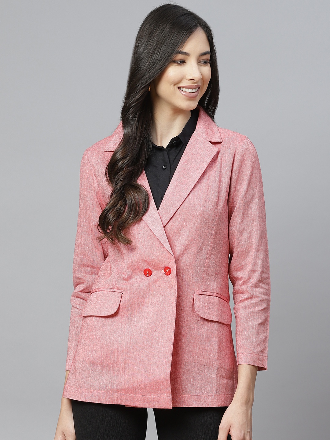 

Cottinfab Women Red Solid Regular Fit Double Breasted Blazer